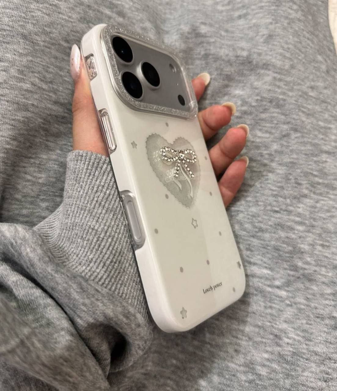 White Heart  Glitter Pearl Bow Phone case