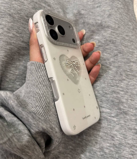 White Heart  Glitter Pearl Bow Phone case
