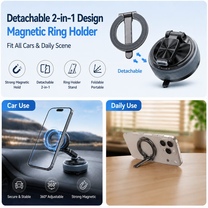 Foldable Car Mount, 360 degree Rotating Phone Holder, Detachable Ring- Compact Storage, Adjustable Viewing Angle, Stable Placement, Detachable Ring Grip, Easy Daily use