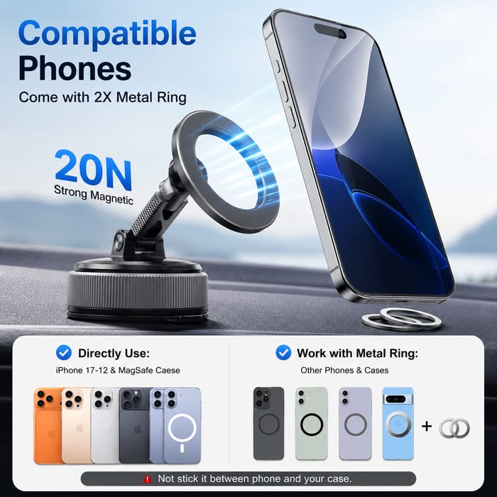 Foldable Car Mount, 360 degree Rotating Phone Holder, Detachable Ring- Compact Storage, Adjustable Viewing Angle, Stable Placement, Detachable Ring Grip, Easy Daily use