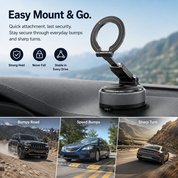 Foldable Car Mount, 360 degree Rotating Phone Holder, Detachable Ring- Compact Storage, Adjustable Viewing Angle, Stable Placement, Detachable Ring Grip, Easy Daily use