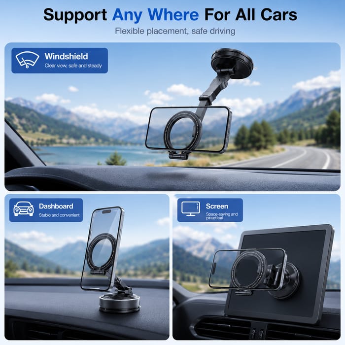 Foldable Car Mount, 360 degree Rotating Phone Holder, Detachable Ring- Compact Storage, Adjustable Viewing Angle, Stable Placement, Detachable Ring Grip, Easy Daily use