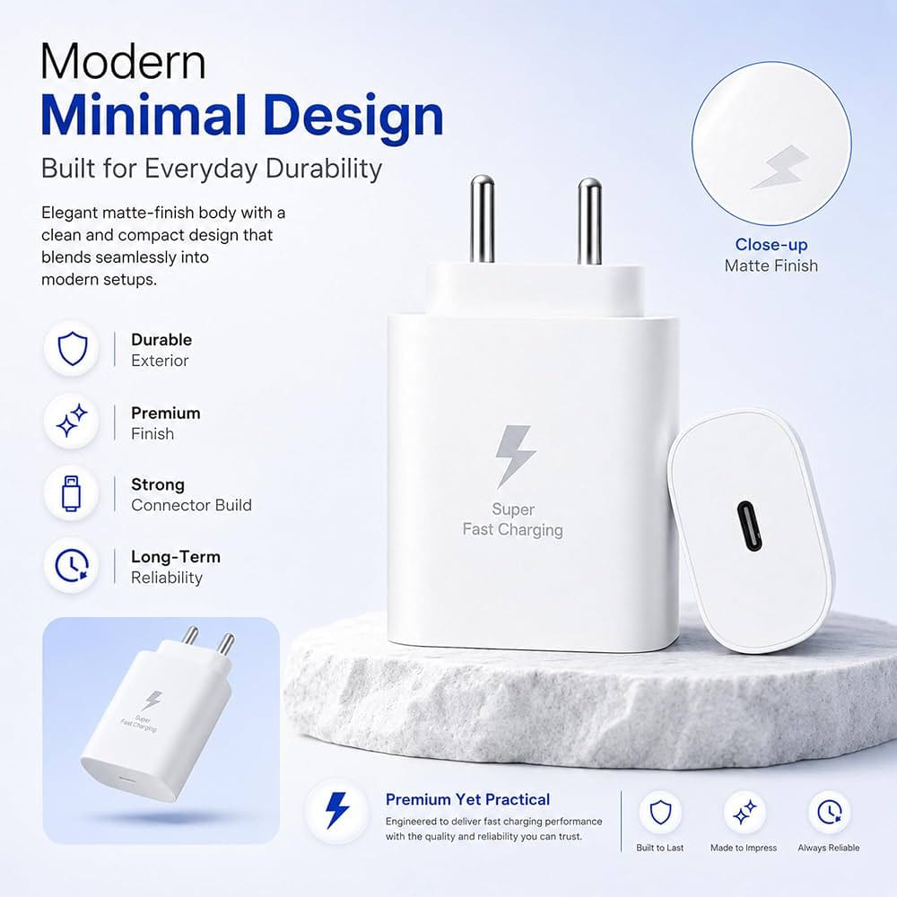 25W Power Adapter With Super fast Charging TYPE-C Port, Wall Charger, For Samsung Device (White)