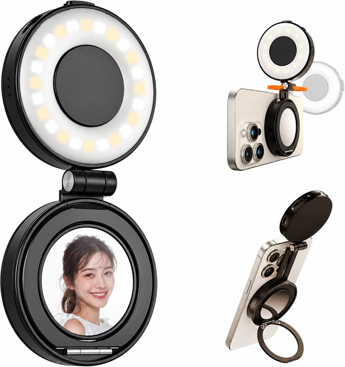 LED Magnetic Selfie Light, Upgraded 360degree with Mirror black
