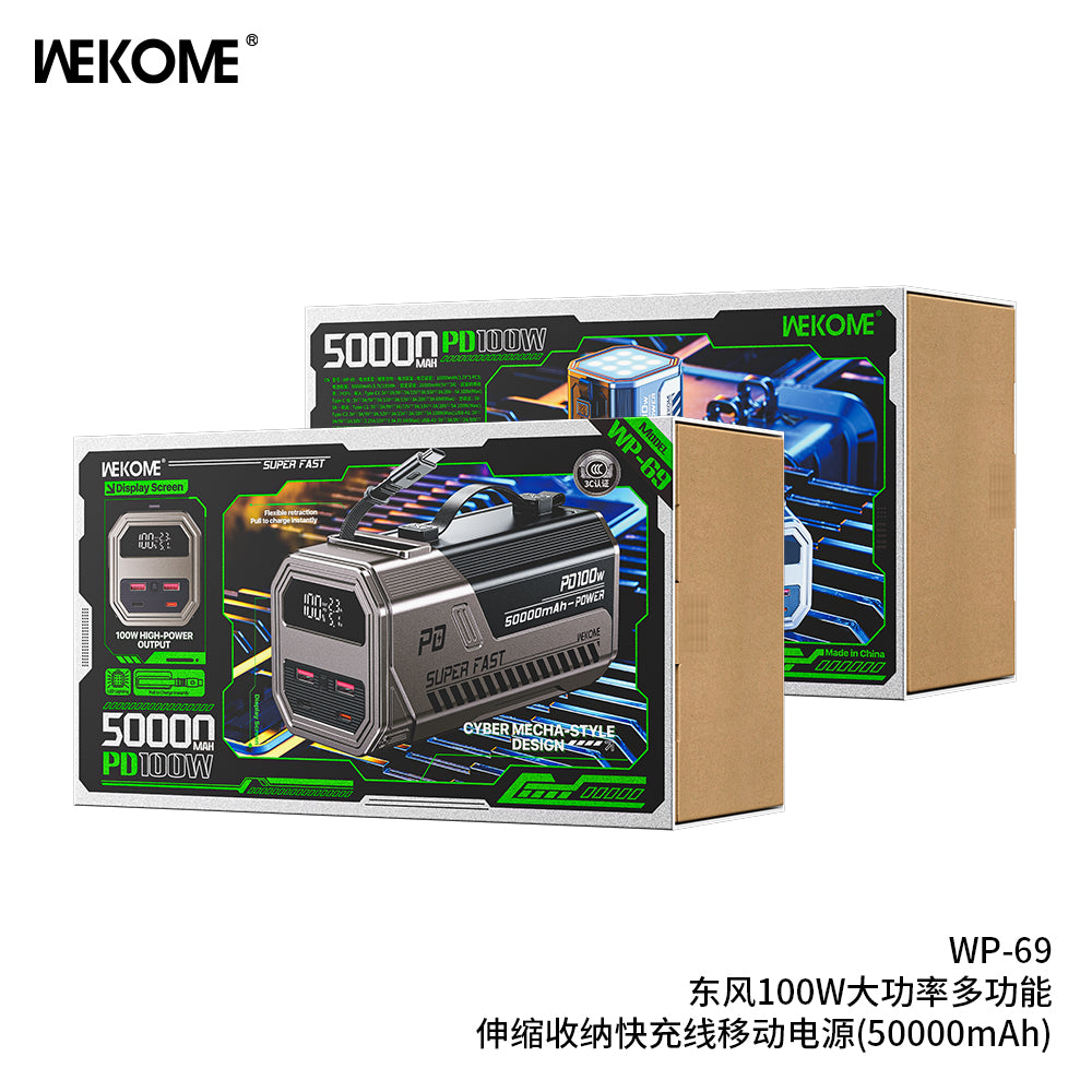 WEKOME 100W High Power Power Bank 50000mAh with Retractable Charging Cable | Multifunctional Power Bank