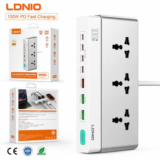 LDNIO 10-in-1 GaN Desktop Power Strip 2500W with 100W PD Fast Charging, 3 Universal AC Outlets, 7 USB Ports (4 USB-C + 3 USB-A), Surge Protection & Master Switch