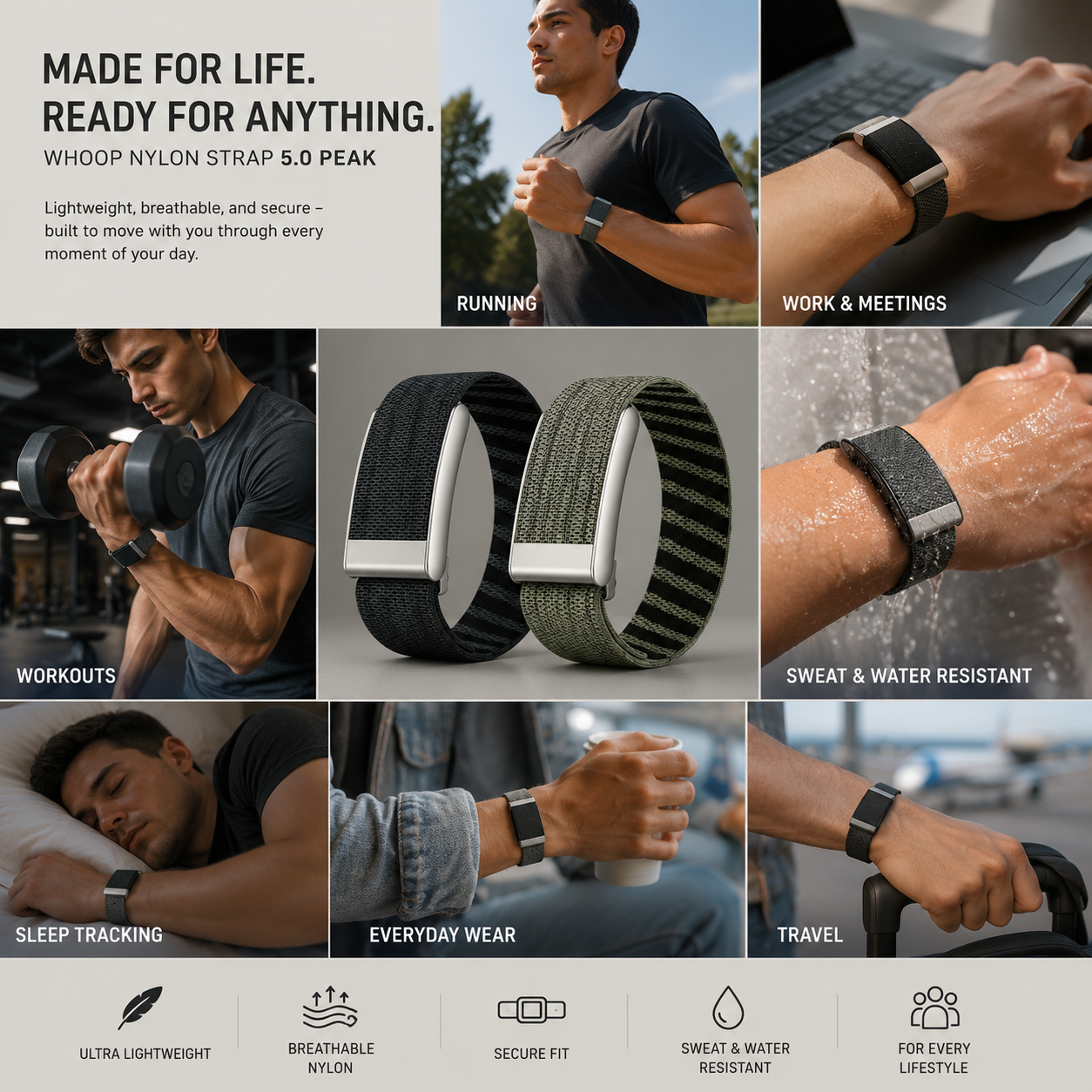 Whoop Nylon Strap 5.0 Peak Compatible Band – Premium Breathable Elastic Nylon Replacement Strap with Magnetic Clasp | Compatible with WHOOP 5.0 & Peak