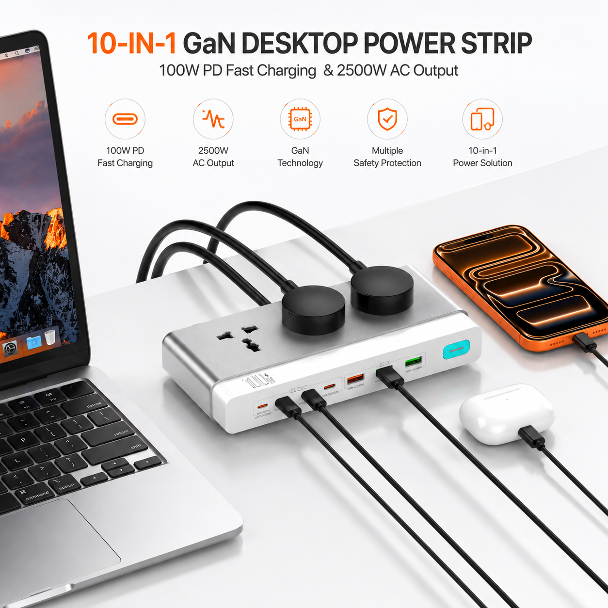 LDNIO 10-in-1 GaN Desktop Power Strip 2500W with 100W PD Fast Charging, 3 Universal AC Outlets, 7 USB Ports (4 USB-C + 3 USB-A), Surge Protection & Master Switch