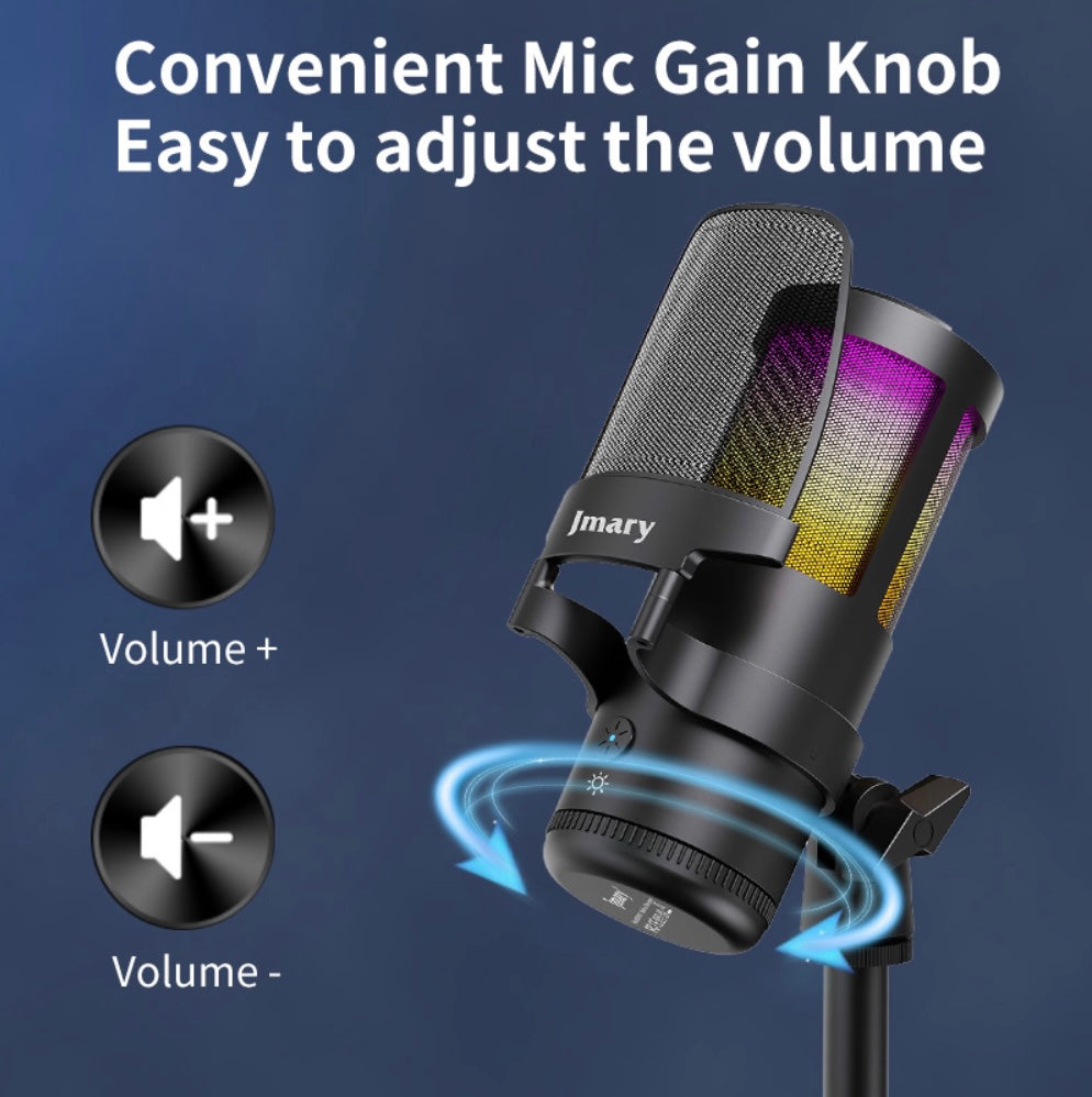 Jmary Condenser Mic | Noise Cancellation | RGB lighting |Gain Knob